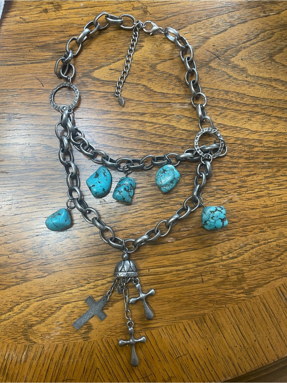 Turquoise Stone & Silver Cross Charm Necklace - Women Jewelry